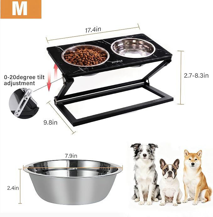 Elevated Dog Bowl Set: Height-Adjustable Stand with 2 Stainless Steel Food Bowls and a 20° Tilted Water Bowl—Suitable for Small, Medium, and Large Dogs (Faux Black Marble, Medium)
