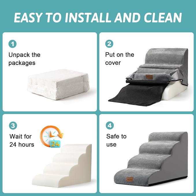 COZY KISS Wide Dog Stairs for Small Dog 15.7" H, Pet Step for Puppy, Older Cat, Curved Ramp for Couch, Durable Anti-Slip Ladder with High Density Foam, 3 Step, 17.7x22.4x15.7 inch, Grey