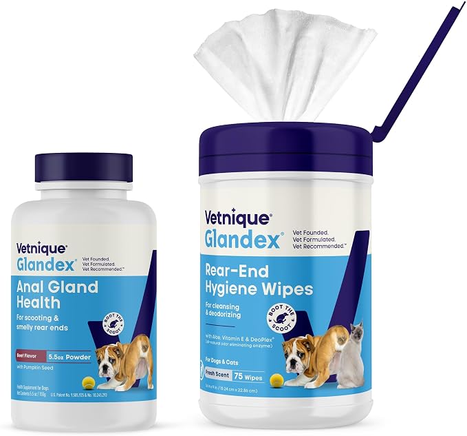 Glandex Vetnique for Dogs 5.5oz Beef Liver Powder Fiber Supplement Hygienic Wipes 75ct Bundle