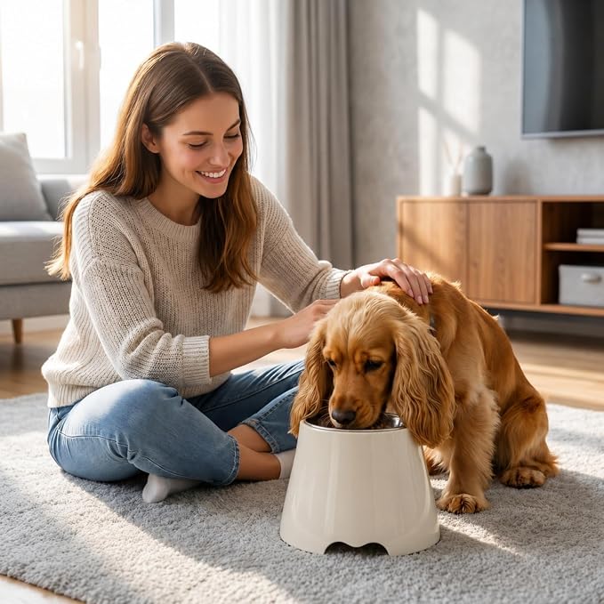 Elevated Single Dog Bowl with Stainless Steel Bowl, Orthopedic Neck Protection Non-Slip Pet Food & Water Bowl for Small Medium Dogs, Cone Friendly, Senior Spaniel Long-Eared Dogs (White, Size M)