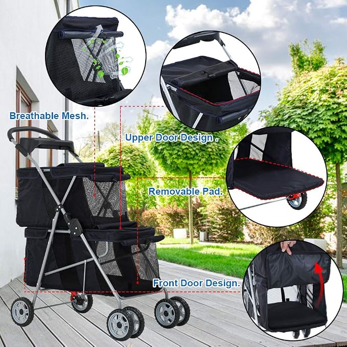 BestPet 4-Wheel Foldable Pet Stroller - Black, Fits 2 Pets