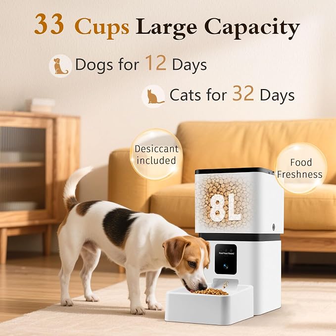 Yakry Automatic Dog Feeder with Camera - 8L/33 Cups Smart Pet Feeder for Small/Medium Dogs & Cats, 5GHz/2.4GHz WiFi App Control, 1080P HD Night Vision, 2-Way Audio, Timed Dry Food Dispenser Indoor