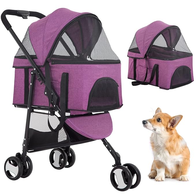 BestPet Premium 3-in-1 Pet Stroller - Purple, 3-Wheel