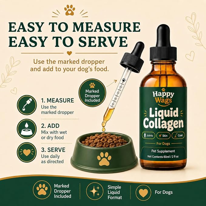 Happy Wags Premium Liquid Collagen for Dogs, Joint Care, Skin & Coat, Coat Support, 2 fl oz