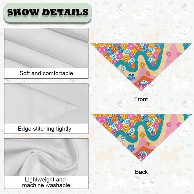 Forchrinse Hippie Flower Dog Bandanas Triangle Dog Bib Scarf Washable Pet Bandana Dog Kerchief, One Size, 1-Pack, Polyester, Hippie Floral Printed
