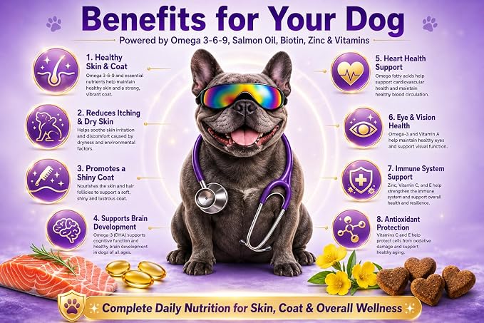 Skin & Coat Salmon Oil Soft Chews for Dogs - Omega 3, Biotin, Zinc & Vitamin E - Supports Healthy Skin, Shiny Coat, Itch Relief & Allergy Support - Natural Salmon Flavor 180+Chews