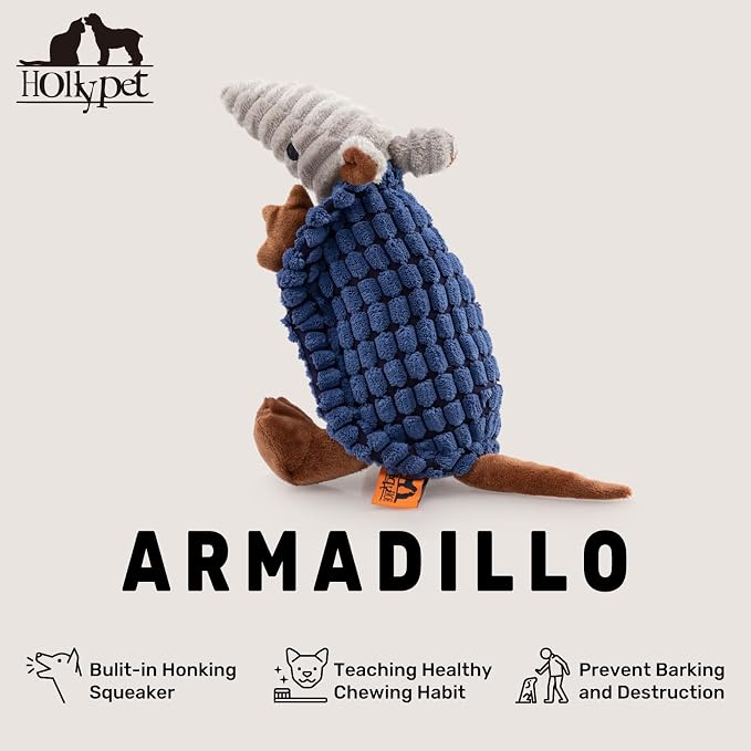 Hollypet Armadillo Squeaky Puppy Dog Toys for Small Medium Dogs, 8" | plush stuffed small dog squeak animal toy with unique grunt squeaker textured fabric for teeth cleaning toys
