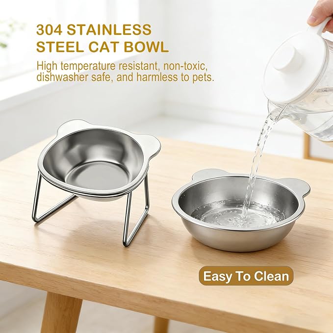 2 Pcs Elevated Cat Bowls, 15°Tilted Stand Whisker Friendly Raised Cat Food & Water Dishes, 5.9 inch Stainless Steel Indoor Anti-Vomiting Small Dog Bowls,Dishwasher Safe,Spine Friendly