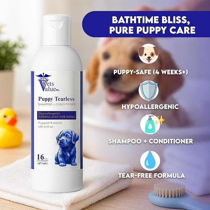 Puppy Tearless Shampoo & Conditioner - Gentle Wash for Puppies with Sensitive Skin – Mild, Tear-Free Formula Suitable for Dogs 4 Weeks and Older – Made in the USA (16 oz)