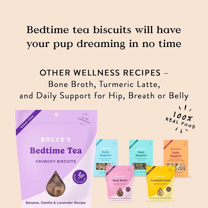 Bocce's Bakery Bedtime Tea Biscuit Dog Treat + Calming Supplement Bundle, Chamomile, L-Theanine