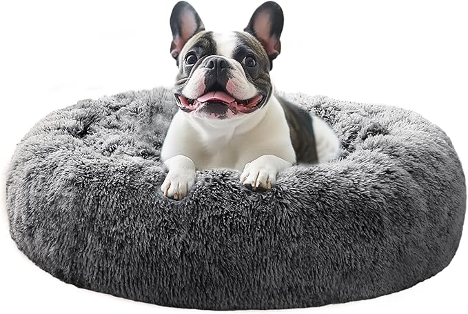 JOLLYVOGUE 36" Calming Donut Dog Bed, Smoke Black