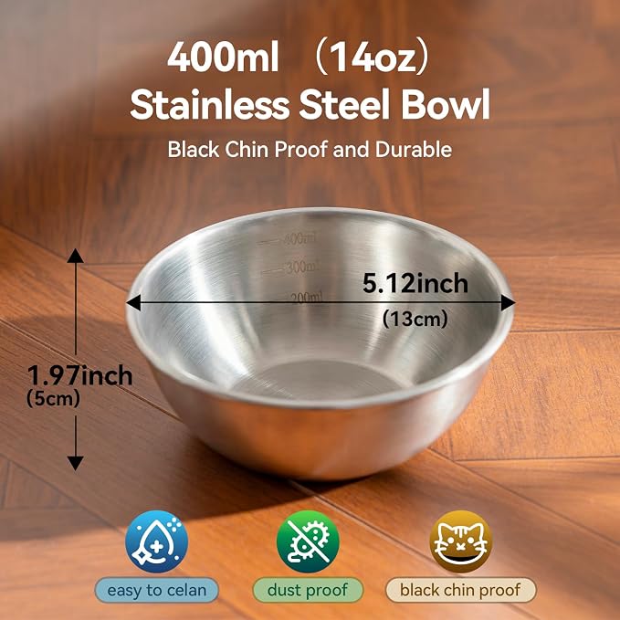 JUNSPOW Elevated Dog Bowls with 2 400ml Stainless Steel Bowls for Small Medium Dogs Cats, 3.35''-6.3'' Height Adjustable and 15° Tilted Adjustment Raised Stand, Lifted Pet Food & Water Feeder