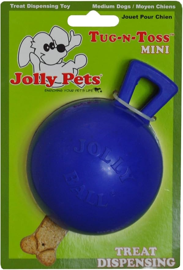 Jolly Pets Tug-n-Toss Heavy Duty Dog Toy Ball with Handle, 3 Inches/Mini, Blue, Model:403 BL | Mini 3 inch jolly ball with handle, treat-dispensing chamber for puzzle play, bounces for fetch, made in USA