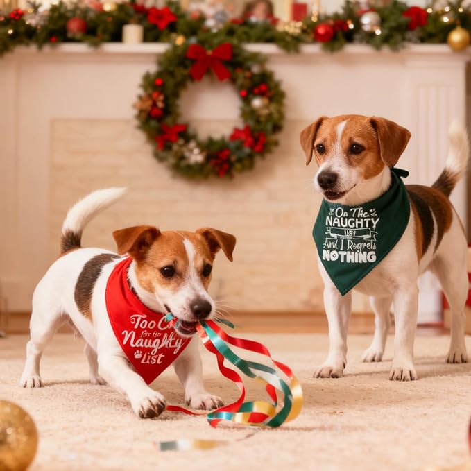 Christmas Dog Bandanas Naughty & Nice Idea Funny Holiday Stocking Pet Scarf Gifts, Large, Medium, Red