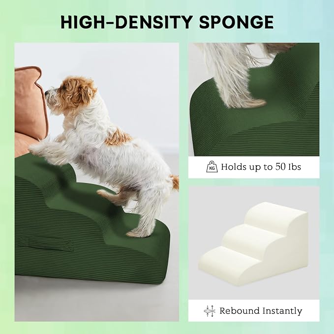 Mesa Lemon Dog Steps for Small Dogs, 3-Step Pet Ramp Stairs for High Beds and Sofa, Non-Slip Pet Stairs for Small Dogs and Cats, Removable and Easy to Clean Cover, Green