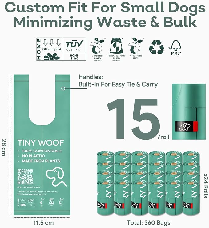 Small Dog Poop Bags, 360 Count Compostable Tie-Handle Rolls | Mini Dog Poop Bags for Small Dogs & Puppies (Chihuahua, Yorkie, Pomeranian, Toy Poodle, Maltese, Frenchie) | TINY WOOF