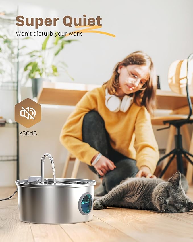 Pet Water Fountain Stainless Steel: 108oz/3.2L Cat Water Fountains for Cats Indoor - Metal Cat Fountain Bowl - Faucet Kitty Fountains with Led Light - Cats Pet Fountain for Drinking