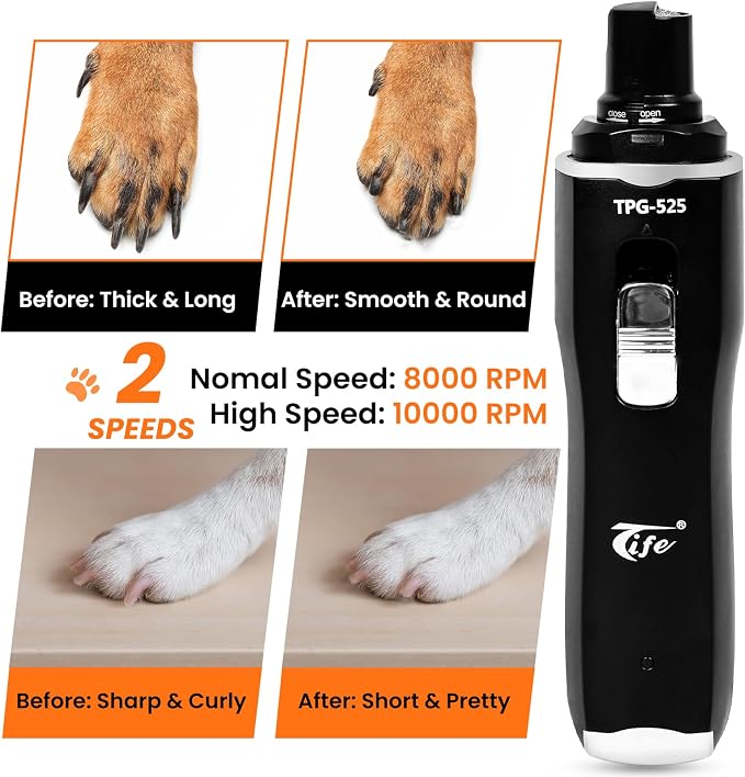 Tife Dog Nail Grinder,2 Speed Electric Rechargeable Dog Nail Trimmer,Quiet and Low-Vibration Pet Nail Grinder,Painless Dog&Cat Grooming Supplies for Large Medium Small Pets