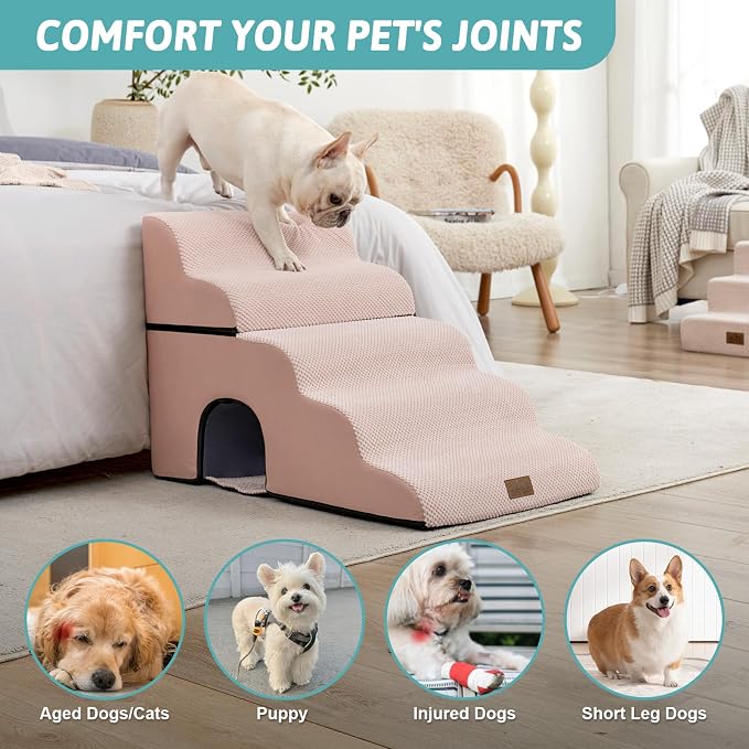 COZY KISS Small Dog Stairs with Tunnel, 5 Step Pet Ramp for High Bed | Curved Stable Dog Step for Puppy, Older Cat, Senior, Medium, Short-Legged Dog, Non-Slip Ladder for Car, 22.4" H, Pink