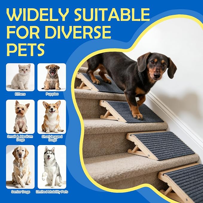 Adjustable Dog Ramp for Stairs, 2-Height Foldable Wooden Pet Steps | 4 Pack, 4.3"/5.5"H, Gentle on Joints, for Small & Senior Dogs, with Anti-Slip Carpet, Solid Wood, 170 lbs, No Assembly
