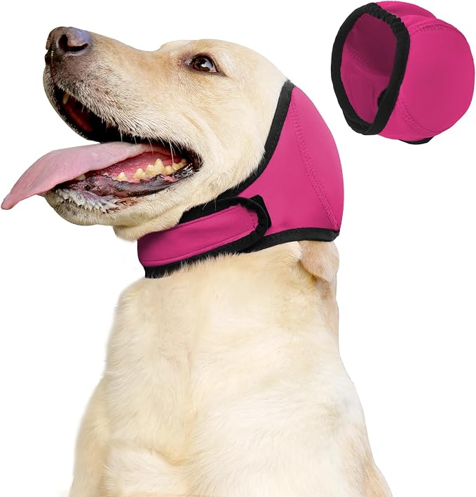 Waterproof Dog Bath Ear Covers & Calming Dog Snood – Aimosheng Reusable, Adjustable Anxiety Relief for Swimming, Grooming, Thunder & Fireworks Fuchsia L