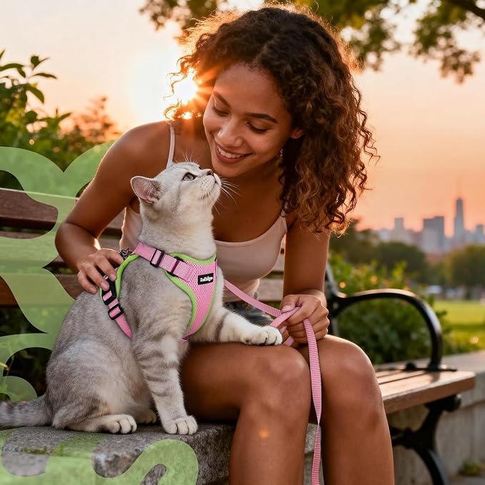 rabbitgoo Cat Harness and Leash Set, Escape Proof Vest, Pink & Light Green | Soft Breathable Mesh, Easy Adjustable Fit, Snap Buckles, Sturdy Clip, Reflective Strips, for Average Cats Walks, S