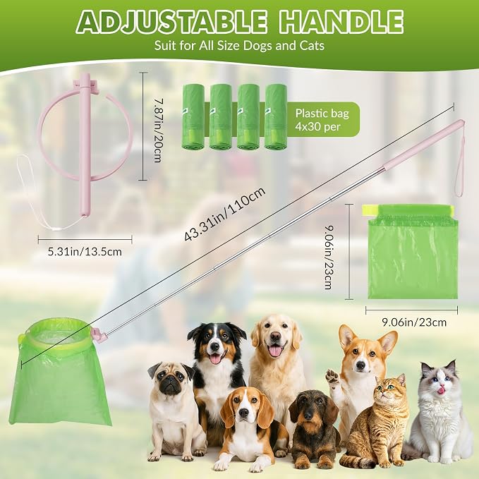 Dog Pooper Scooper, 43" Extendable Pooper Scooper Long Handle with Bag Attachment(120pcs), Portable Poop Scoop for Small Medium Large Dogs, No Touch Avoid Bending Over, Suit for Yard, Park, Wild,City