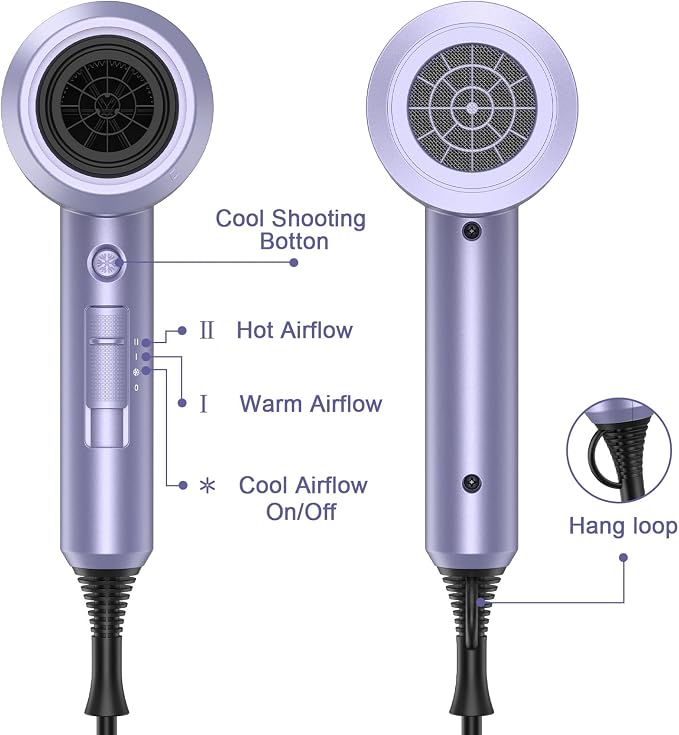 slopehill Professional Ionic Hair Dryer, Lavender | 1800W Fast Drying, Low Noise, 2 Concentrator Nozzles, 1 Diffuser Attachment