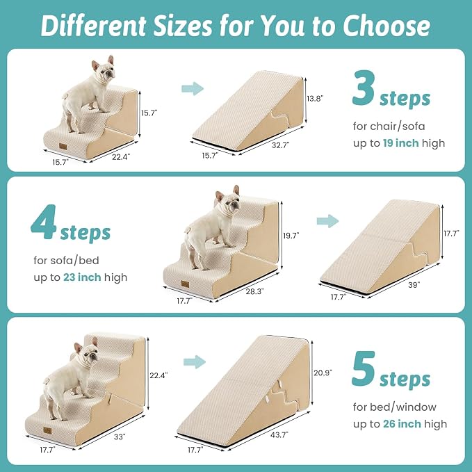 COZY KISS Dog Stairs for Small Dogs, 4-Step 2-in-1 Dog Steps,19.7" H | 4-step dog stairs and ramps for Old Cats, Puppy, Small Dogs,Non-Slip Base,for Couch & Bed, Beige