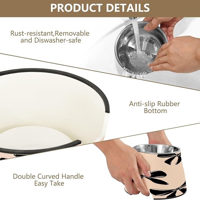 Blueangle Elevated Dog Bowls with Stainless Steel - Non-Slip 2.3 Cup High Capacity Pet Dish for Spinal Health & Black Bow Design（382）