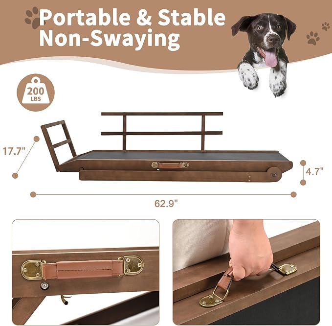 SLSY Dog Ramp for High Beds & Couches, 63" Folding Adjustable Pet Ramp with Non-Slip Rubber Mat, 5 Height Levels (15.7"–31.4"), Portable Dog Stairs for Large Dogs up to 250 lbs, Brown