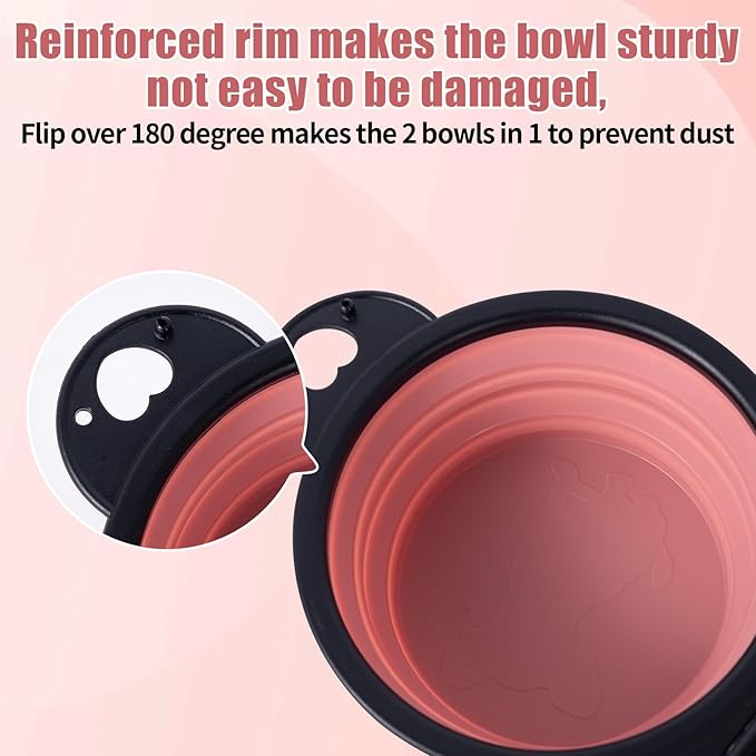SLSON Collapsible Dog Dual Bowls with Lock Clips, Light Pink