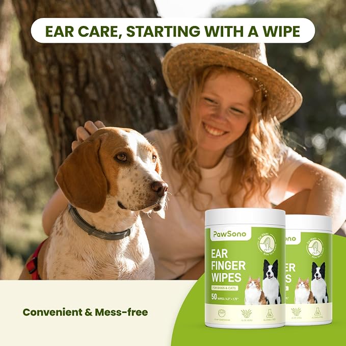 PawSono Ear Finger Wipes for Dogs & Cats, Thicker Dog Ear Cleaner Wipes, Natural Relief Cat Ear Cleaner Dog, Pet Health Supplies for Dog Kitten Small Animal, Aloe Scent Deodorizing - 100 Count