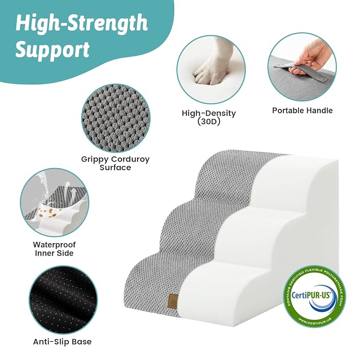 COZY KISS Dog Stairs for Small Dogs, 3 Step Pet Stairs for Beds & Couches | 13" H Curved Non-Slip Foam Dog Steps with Washable Cover for Puppies, Older Cats & Small Dogs, 15.7x19.7x13 in, Gray