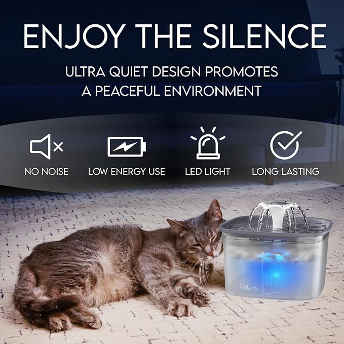 Veken Innovation Award Winner 95oz/2.8L Pet Fountain, Automatic Cat Water Fountain Dog Water Dispenser with Replacement Filters for Cats, Dogs, Multiple Pets (Transparent Grey, Plastic)