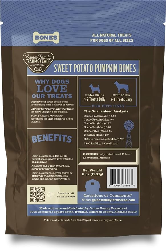 Gaines Family Farmstead Pumpkin & Sweet Potato Dog Bones – 6 oz Bag, Natural, Grain-Free Dog Treats for Digestive Health & Immunity – High-Fiber, Vitamin-Rich Chews, Made in USA