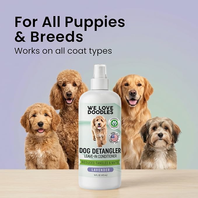 Dog Detangler Spray, Leave-in Conditioner Spray for Dogs, Lavender, 16 OZ | Best Detangling & Dematting Spray for Dogs, Tangled & Matted Hair Remover for Goldendoodles, Doodles & Poodles, Made in USA