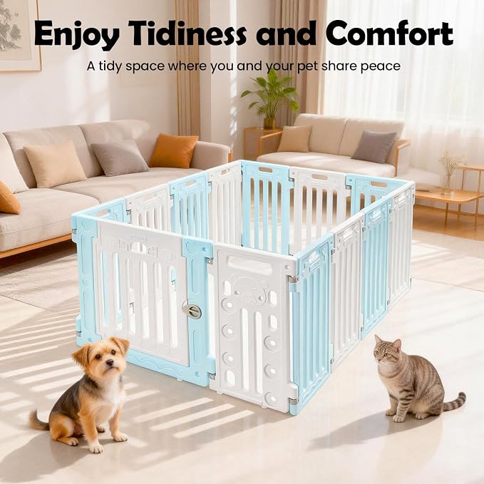 Dog Playpen, Large Pet Playpen with Cute Patterns & 1 Door & 11 Freely Combinable Panels Dog Fence Large Crate for Pets Pet Safety Fence Pet Essentials for Small/Medium Dogs (Blue & White)