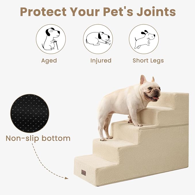 Aodisman Dog Stairs for High Bed 22.6" H,5-Step Dog Steps for Small Dogs and Cats,Indoor Non-Slip Balanced Pet Stairs are Suitable for Puppy,Older Cat,Beige