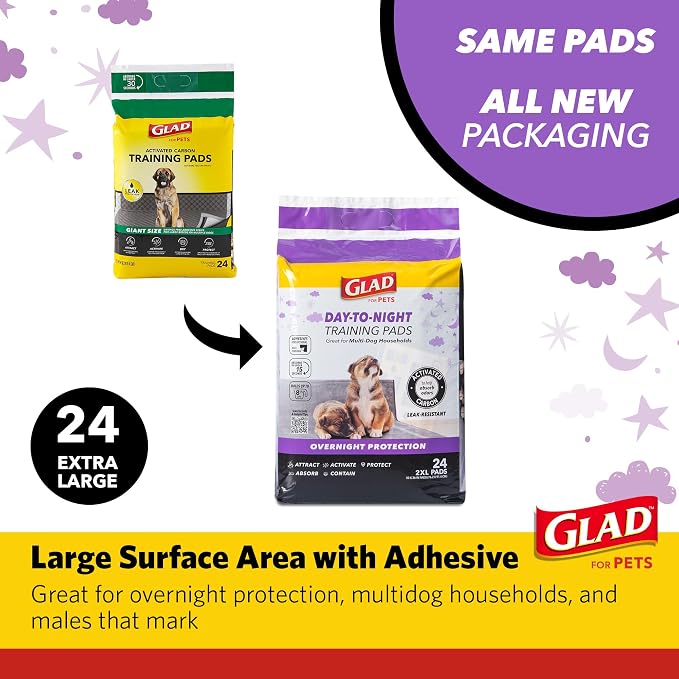 Glad for Pets Day to Night Activated Carbon Puppy Training Pads, Odor Control Disposable Dog Pads with Adhesive and Wall Protection, Leak Proof and Super Absorbent, 30 x 36 Inch, 24 Count - 6 Pack