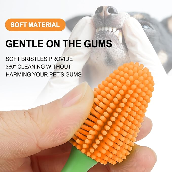 HOP Dog Toothbrush Orange 360° Soft Silicone Bristles Dog Toothbrush Full-Angle Dental Cleaning Green Bamboo-Shaped Long Handle Pet Dental Care for Dogs 6.89in/17.5cm