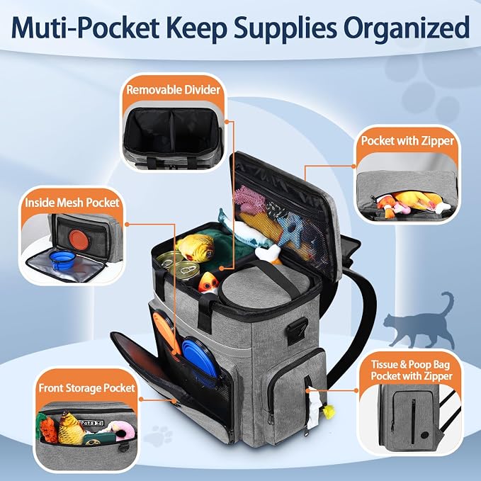 Petskd Dog Travel Bag for Supplies, 27L Large Space Pet Organizer Backpack, Airline Approved Weekend Bag with Multi-Function Pockets for Overnight Camping with 2 Food Containers, 2 Bowls (Grey)