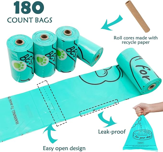 Dog Waste Bags Holder with LED Flashlight Doggie Poop Bags Dispenser with 13 Rolls Blue Leak-Proof Pet Trash Bags and Dog Walking Accessories (Crystal Blue)