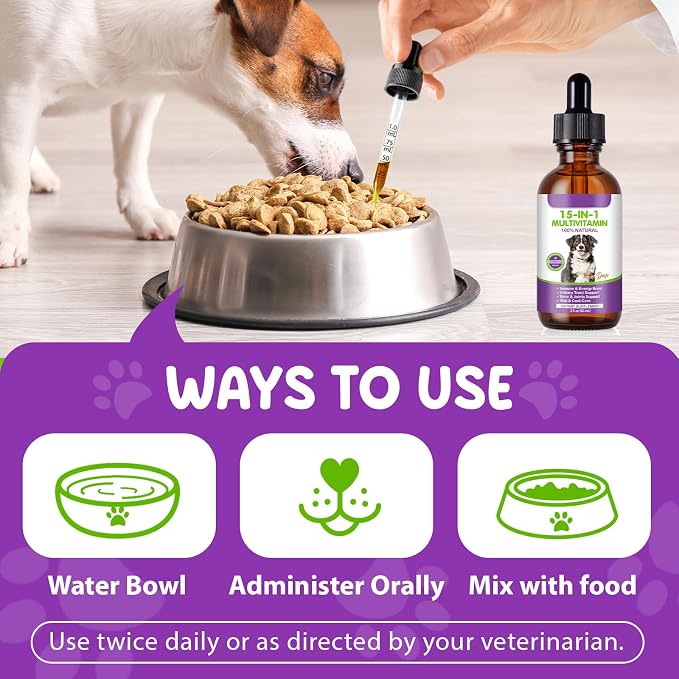 Dog Multivitamin Drops, 15 in 1 Multivitamin Liquid for Dog with Vitamin C, Vitamin D & B1, Dog Health Supplements for Skin Care, Joints & Hips