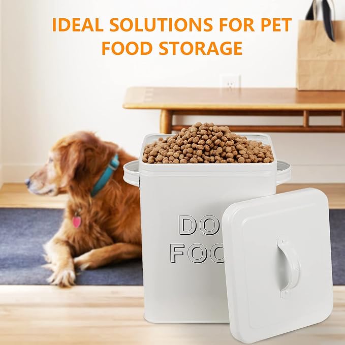 Pethiy airtight Dog Treat container bin and DOG Food Storage Tin with Lid With, 5 lbs, Carbon Steel, White