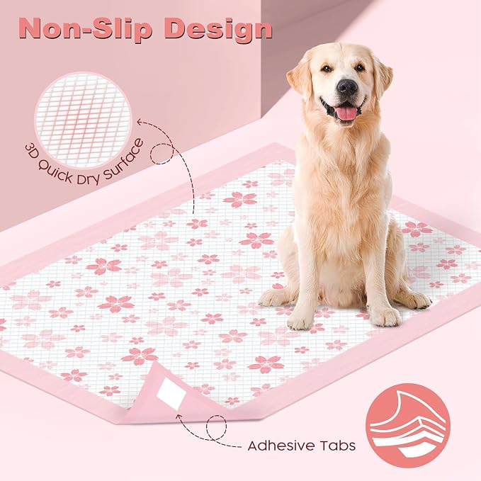 MIZOK Dog Pee Pads Extra Large 28"x34", Potty Pads for Big Dog Breeds, Super Absorbent & Leak-Proof, Pink Cherry Blossom Prints, Thick & Heavy, 4 Adhesive Tabs, XL (40 Counts)