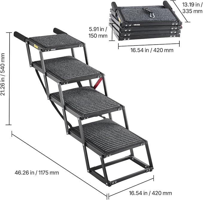 VEVOR Dog Stairs for Car, 4 Steps Extra Wide Foldable Dog Ramp for Large Dogs with Non-Slip Rug Surface, Portable Lightweight Pet Ladder for Car, SUV, Truck, High Beds, Sofas, Support up to 200 lbs