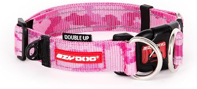 EzyDog Double Up Dog Collar, Strong Double D-Rings - Large, Pink Camo | Dual D-Rings for Superior Strength, Safety, and Comfort, Soft Touch Nylon Webbing, Reflective Stitching, Id Attachement Point