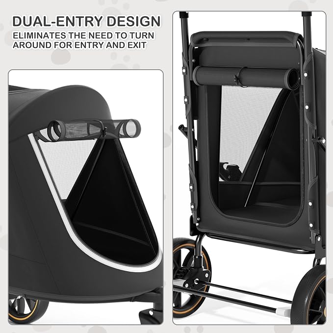 MoNiBloom 3-Wheel Pet Stroller for Large Dogs - Black, up to 55lbs, Dual Entry