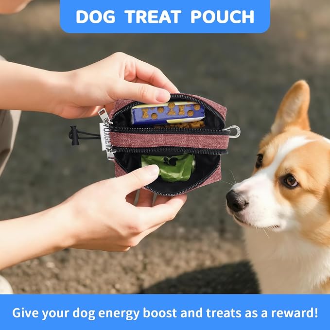 Dog Poop Bag Holder for Leashes, Dog Waste Bag Dispenser with 2 Zipper Pockets and Clip for Pets Doggy Training, Puppy Treat Pouch Carrier with 1 Roll Poop Bags for Walking Accessories (Red)